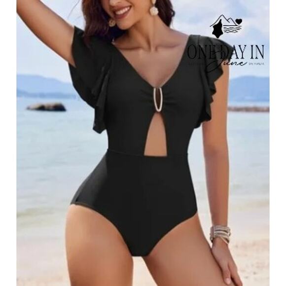 Aimage Ruffle Shoulder Keyhole One Piece Swimsuit Size XL - Picture 2 of 7